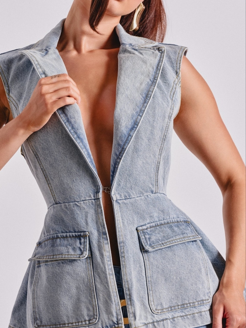 AKIRA Light Blue Sleeveless Denim Vest with Flap Pockets